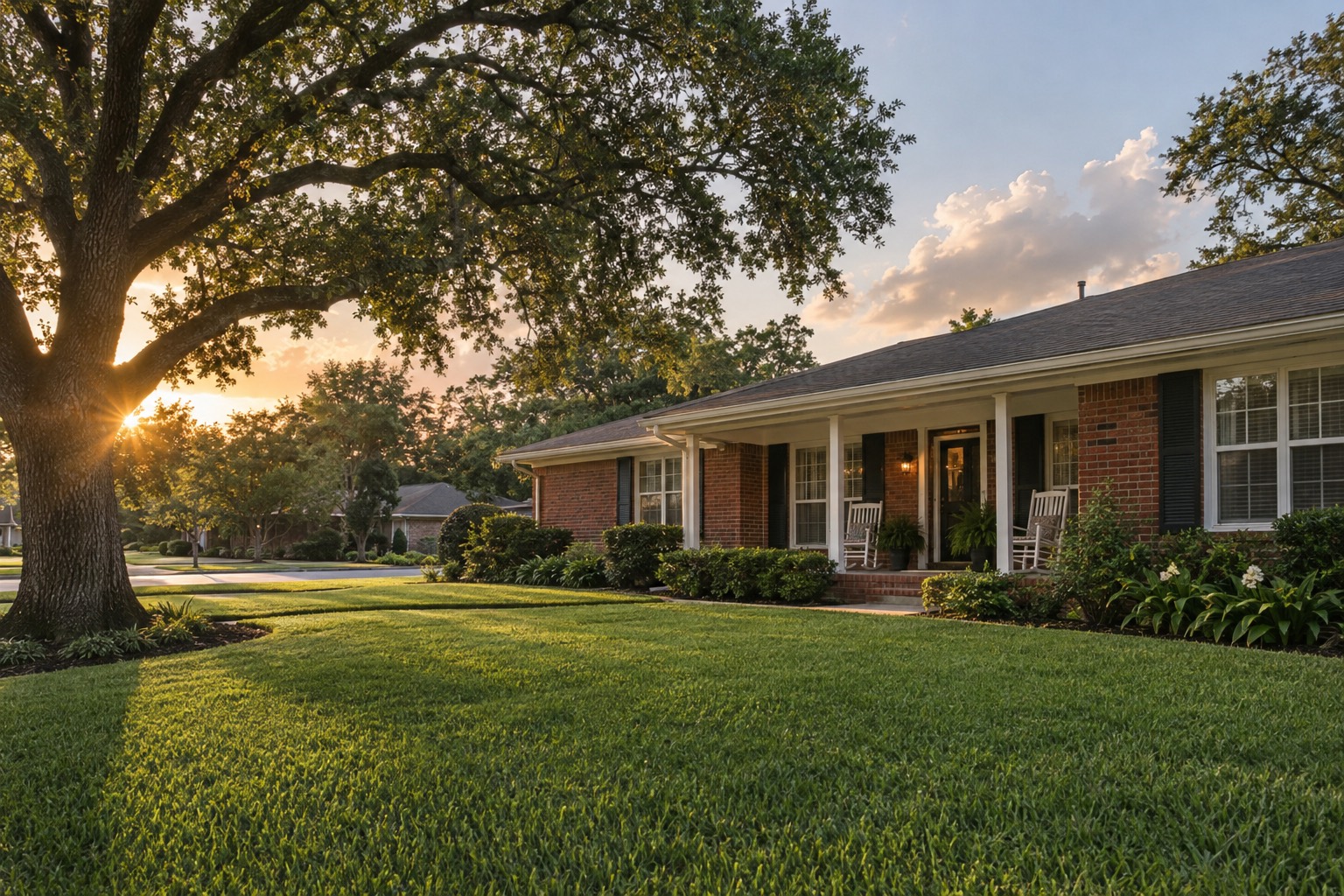 A red brick ranch house under a live oak in a Houston neighborhood at sunset