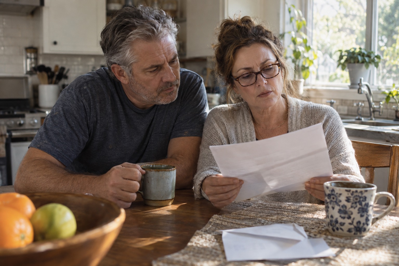 A couple at their kitchen table reading a letter